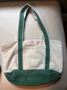 Canvas Tote Bag with Green Trim and Pink 'BOOP' Embroidery